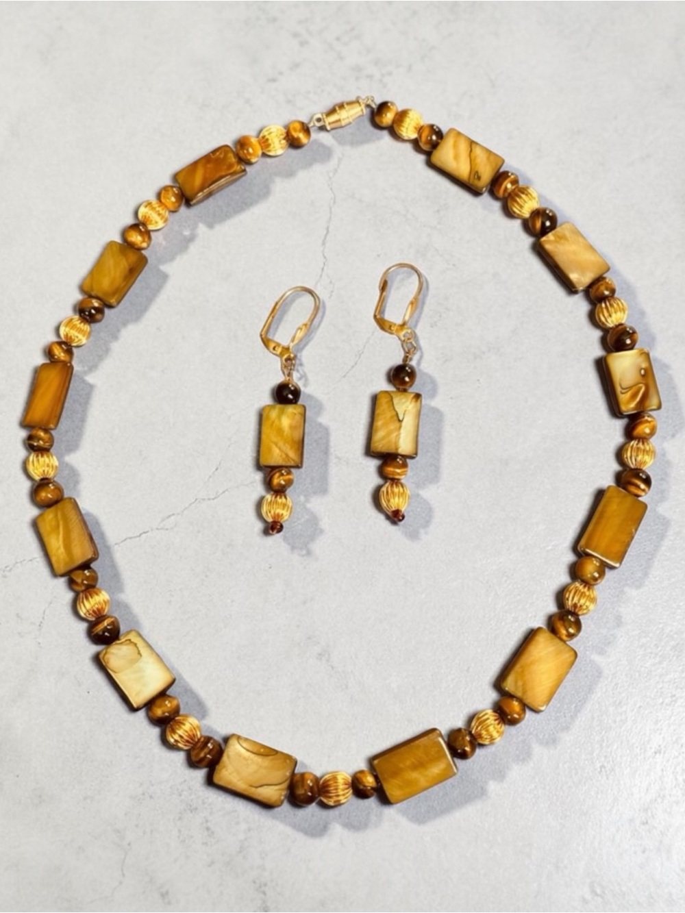 Elegant Gold and Brown Tigers Eye Beaded Necklace and Earring Set